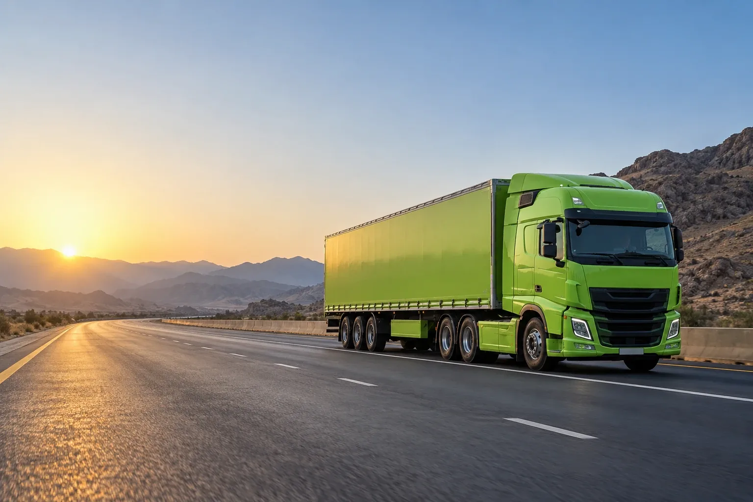 Illustrative lime-green freight truck on a highway at sunrise