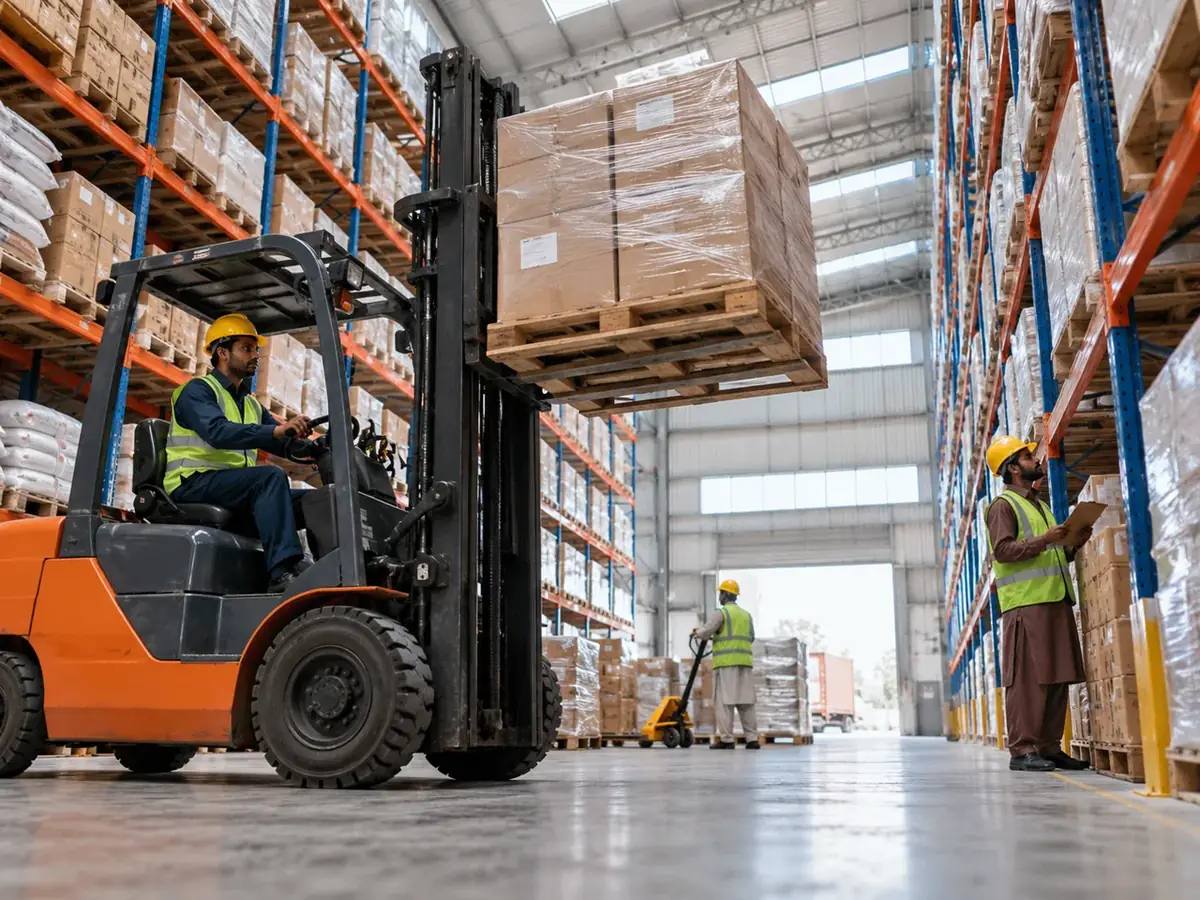 Illustration: warehouse racks and pallet handling
